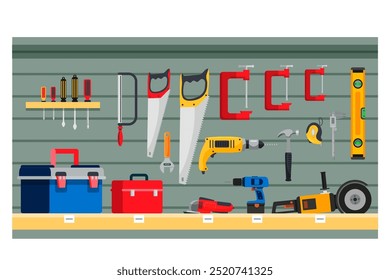 Elementos de exibição de design interior da loja de hardware. Suporte com kits de ferramentas, serras, martelos, chaves de fenda, caixas de ilustração vetorial. Ferramentas e materiais para renovação.