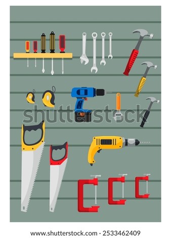 Hardware shop interior design display elements. Stand with toolkits, saws, hammers, screwdrivers, boxes vector illustration. Tools and materials assortment for renovation.