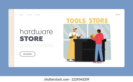 Hardware Shop Landing Page Template. Male Character Buying Tools and Instruments in Construction Store. Man Stand at Cashier Desk with Salesman Paying for Purchase. Cartoon People Vector Illustration