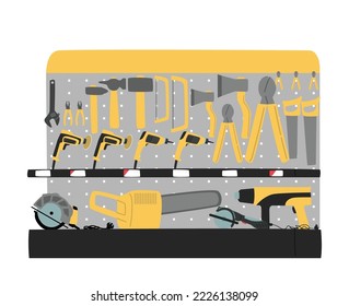 Hardware Shop Shelf with Different Tools and Instruments Axes, Hammers, Drills, Electric Saw for Household, Carpentry, Repare and Renovation Works. Cartoon Vector Illustration