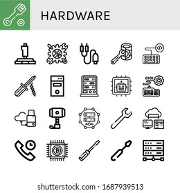 hardware simple icons set. Contains such icons as Wrench, Joystick, Tool, Jack connector, Server, Keyboard, Screwdriver, Computer tower, Cpu, can be used for web, mobile and logo