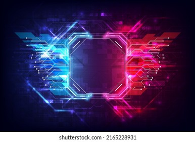 Hardware and software background. Circuit board, Chip processor, Mainboard and code programmer. Hi-tech computer engineer. Pixels screen and database coding. Blue and red wings neon lighting effect