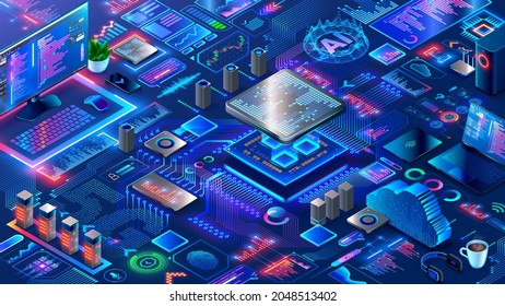 Hardware and software computer technology background. Isometric elements of development, engineering electronics systems and devices. Design, programming or coding of microcontrollers or chips.