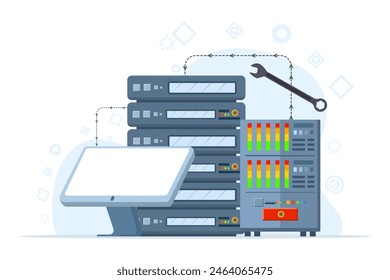 hardware and software maintenance concept, People working on problem location, technical support. Can be used for websites and mobile websites or landing pages. Easy to edit and customize.