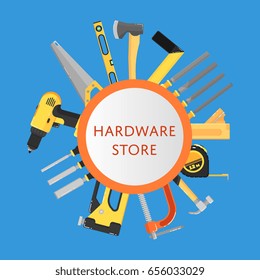 Hardware store banner with building tools vector illustration. Hand tools for carpentry and home renovation. DIY set. Round template with text. Construction equipment. Hand holding power tools.