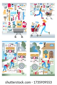 Hardware store and building tool shop scene set. Showcase with instrument. Man and woman buying goods running with shopping trolley cart. Loader team staff delivering purchase. Vector illustration