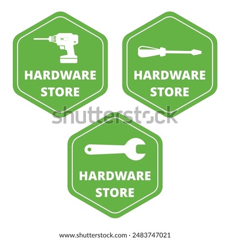 Hardware store green banners with text on a white background