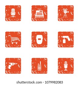 Hardware store icons set. Grunge set of 9 hardware store vector icons for web isolated on white background