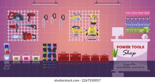 Hardware store interior, cartoon flat vector illustration. Counter with different repair tools and paints. Power tools shop drawing. Retail store for handyman and construction workers.