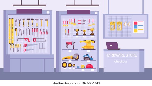 Hardware store interior. Shop with counter, shelves with assortment, instruments for home repair. Construction tools offer vector concept. Illustration hardware store or shop interior