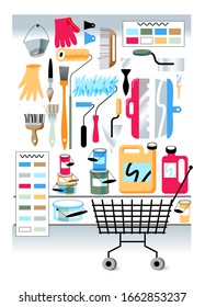 Hardware store showcase with toolkit for repair, renovation housework, construction and building. Work tool hanging on wall and equipment on shelf. Empty shopping trolley cart. Vector illustration
