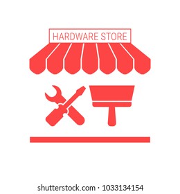 Hardware Store Single Flat Icon. Striped Awning and Signboard. A Series of Shop Icons. Vector Illustration.