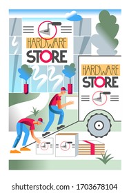 Caja de carga de personal del equipo del almacén de hardware con la compra del cliente en el coche de la camioneta camión. Servicio de supermercado de distribución y entrega de herramientas e instrumentos. Transporte y logística. Ilustración del vector