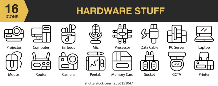 Hardware Stuff icon set. Includes mic, processor, data cable, pc server, laptop, pen tab, socket, and More. Outline icons vector collection.