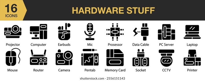 Hardware Stuff solid icon set. Includes mic, processor, data cable, pc server, laptop, pen tab, socket, and More. Solid icons vector collection.