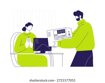 Hardware supplies abstract concept vector illustration. Repairman installing new computer in office, corporate business, office life, IT products, gadget maintenance service abstract metaphor.