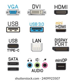 Conjunto de símbolos de color de la interfaz de hardware. Colección del símbolo del conector de audio SATA VGA DVI USB Display PORT. Puertos de datos de socket de equipo