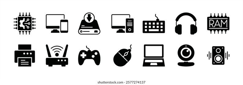 Hardware technology icon vector set. Containing chips, computer device parts, mobile, hard drive, keyboard, headphone, printer, wifi router, gamepad, mouse, laptop, webcam, speaker, ram