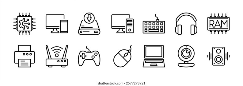 Hardware technology thin line icon set. Containing chips, computer device parts, mobile, hard drive, keyboard, headphone, printer, wifi router, gamepad, mouse, laptop, webcam, speaker, and ram vector