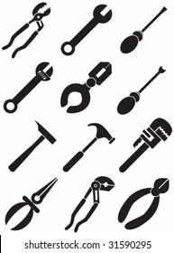 Hardware Tool Black Icon Set : Group of different types of tools.