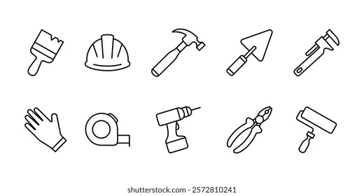 Hardware tool icon set. Workshop equipment vector illustration collection. Repair kit symbol. Construction or renovation instrument sign. Paint brush and roller, hard hat, hammer, gloves and drill.