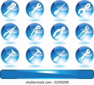 Conjunto de iconos azules redondeados de la herramienta de hardware: Grupo de diferentes tipos de herramientas.
