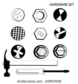 hardware tool set: hardware, nut, screw, bolt, nail to drill your work 