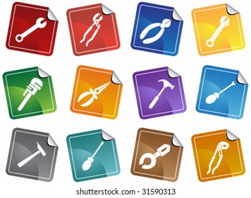 Hardware Tool Sticker Icon Set : Group of different types of tools.