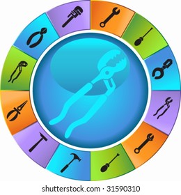 Hardware Tool Wheel Icon Set : Group of different types of tools.