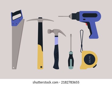 A hardware toolkit, a picker, a handsaw, a hammer, a drill, a tape measure, and a screwdriver