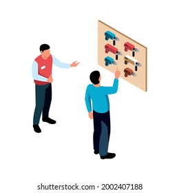 Hardware tools isometric icon with shop assistant and customer choosing drill 3d vector illustration