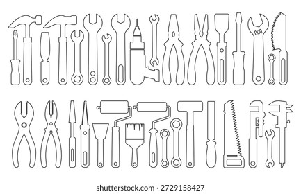 conjunto de arte de linha de ferramentas de hardware, esboços de equipamentos de bricolage, vetor de ferramentas de trabalho