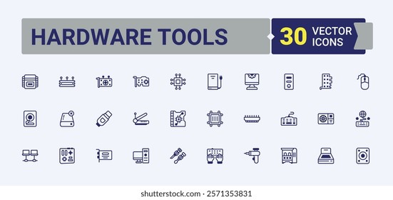 Hardware Tools linear icon collection. Featuring on, keyboard, mouse, web, screen, speaker and more. Collection for mobile and web apps. Vector illustration in modern line style.