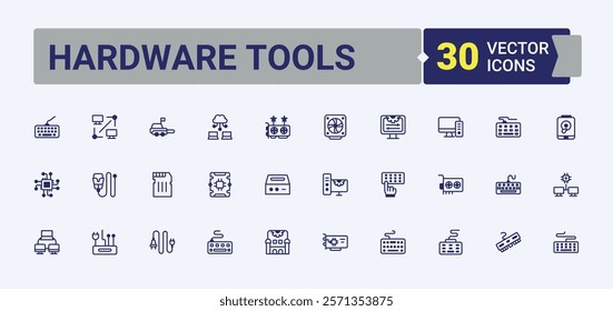 Hardware Tools linear icon collection. Featuring on, keyboard, mouse, web, screen, speaker and more. Collection for mobile and web apps. Vector illustration in modern line style.