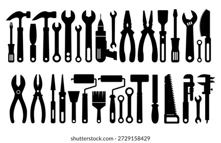 Conjunto de silhueta de ferramentas de hardware, ícones de equipamentos de bricolage preto, vetor de ferramentas de trabalho