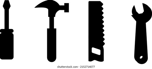 Hardware tools silhouette vector, isolated on white background, hammer 
and screwdriver and hand saw and adjustable wrench, hardware set idea