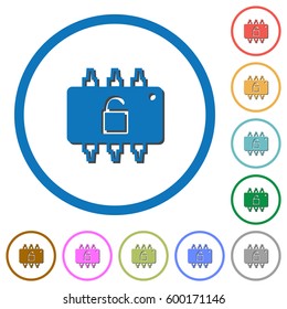 Hardware unlocked flat color vector icons with shadows in round outlines on white background