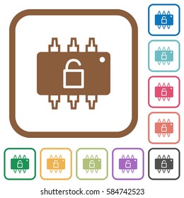 Hardware unlocked simple icons in color rounded square frames on white background