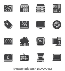 Hardware vector icons set, modern solid symbol collection, filled style pictogram pack. Signs, logo illustration. Set includes icons as HDD, hard drive disk, network server, cpu chip, computer monitor