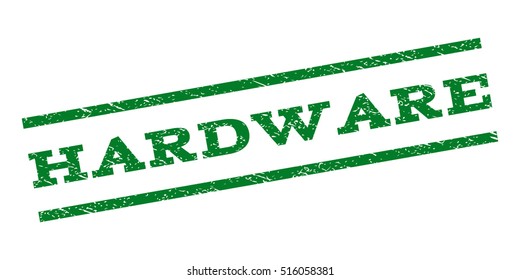 Hardware watermark stamp. Text tag between parallel lines with grunge design style. Rubber seal stamp with unclean texture. Vector green color ink imprint on a white background.