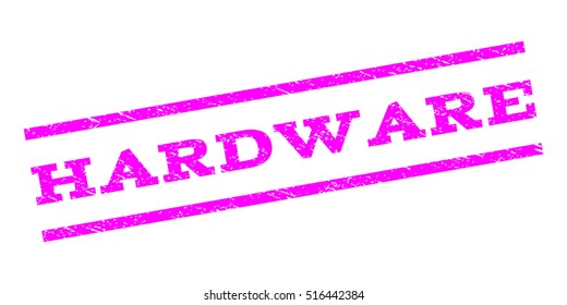 Hardware watermark stamp. Text tag between parallel lines with grunge design style. Rubber seal stamp with unclean texture. Vector magenta color ink imprint on a white background.