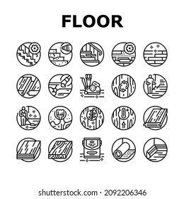 Hardwood Floor And Stair Renovate Icons Set Vector. Hardwood Floor Restoration And Installation, Parquet Varnish And Plinth Line. Cleaning And Repairing Service Black Contour Illustrations