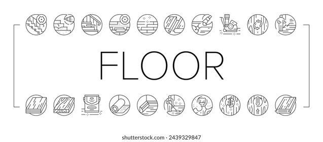 Piso De Madera Dura Y Escalera Renovar Iconos Set Vector. Restauración E Instalación De Pisos De Madera, Barniz De Parquet Y Línea De Zócalo. Servicio De Limpieza Y Reparación Ilustraciones De Contorno Negro