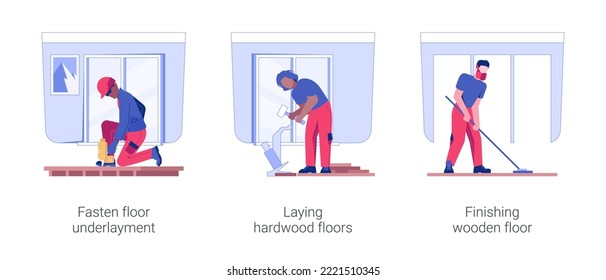 Hardwood flooring isolated concept vector illustration set. Fasten floor underlayment, laying parquet, wooden floor finish, interior works in residential construction vector cartoon.