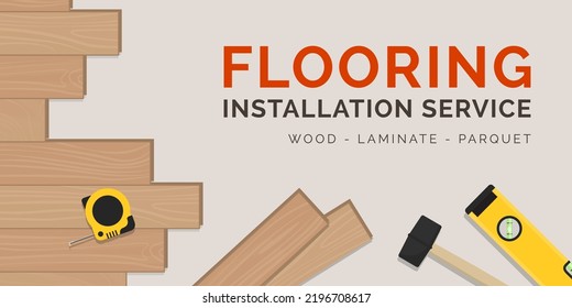 Hardwood flooring professional installation service banner with tools and copy space