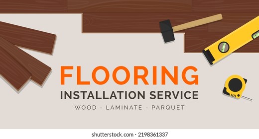 Hardwood flooring professional installation service banner with tools and copy space