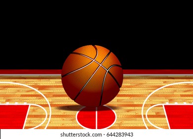 Hardwood textured basketball court with basketball ball. Vector illustration 