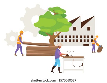 Hardwood timber production flat vector illustration. Industrial wood. Forest exploitation. Logging. Furniture manufacturing. Indonesian business. Isolated cartoon concept on white background