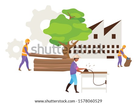 Hardwood timber production flat vector illustration. Industrial wood. Forest exploitation. Logging. Furniture manufacturing. Indonesian business. Isolated cartoon concept on white background