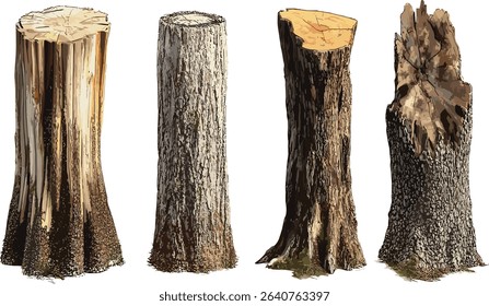 Hardwood trees stub collection, tree trunks, cut out backgrounds, nature illustrations, vector stubs, forest tree stubs, isolated nature elements, vector tree stumps design